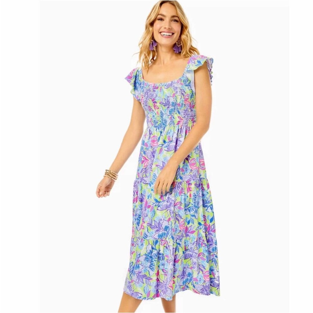 Lilly Pulitzer Jilly Smocked Midi Dress Ruffle Floral Printed Resort Small EUC